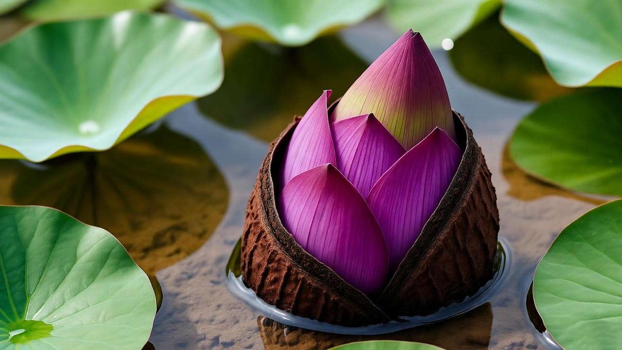 "Close-up of a healthy purple lotus tuber in clay soil for planting"
