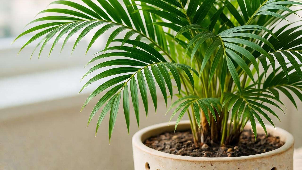 Close-up of a miniature palm plant in a well-draining pot with lush green fronds in bright indoor light.
