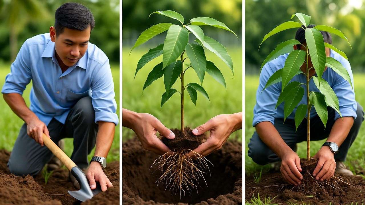 : "Step-by-step planting of a Keitt mango tree with mulch and sapling in a tropical garden." 