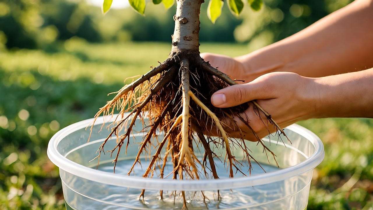 "Gardener soaking bare root tree roots in water for healthy planting". 