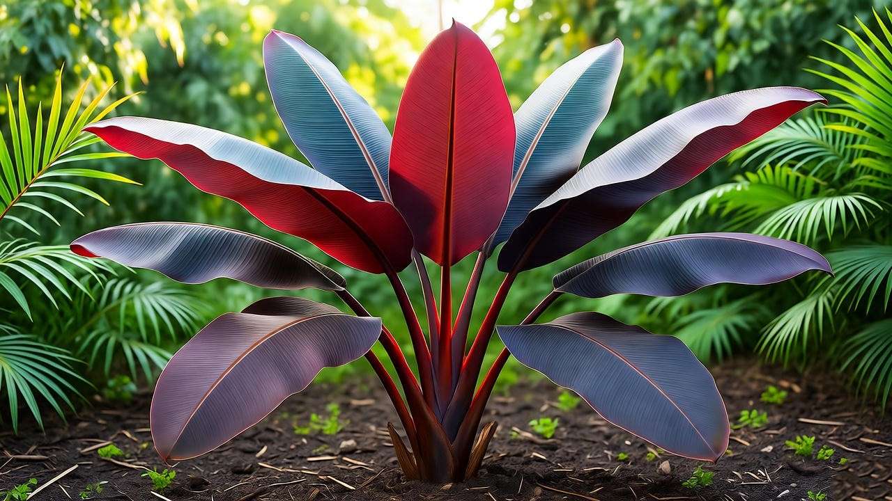 "Red Abyssinian Banana Tree thriving in well-draining soil with organic mulch in a sunny tropical garden." 