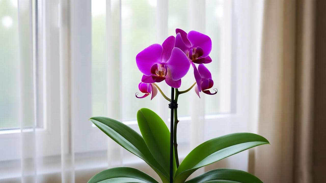 "Small orchid plant thriving under bright indirect light near a window".
