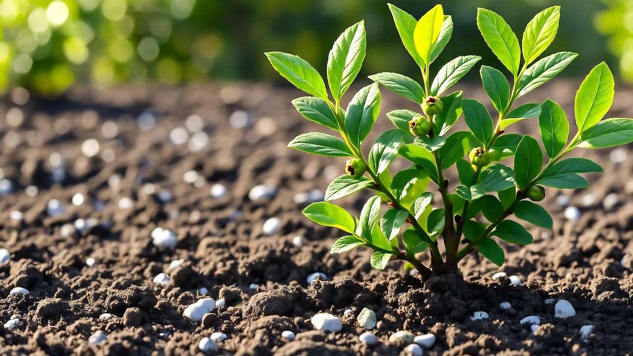  "Close-up of Sunshine Blue blueberry plant being planted in acidic soil with peat moss and pine bark."