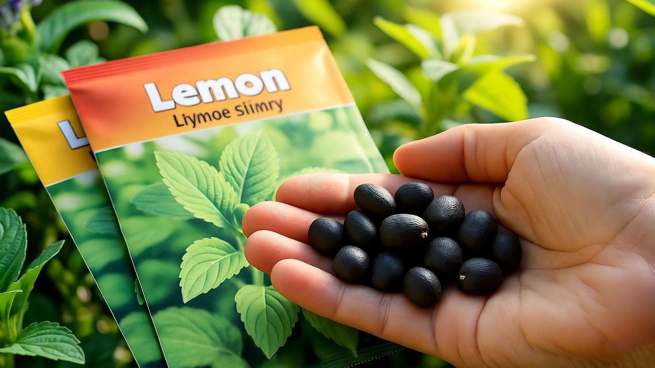 "Close-up of lemon balm seed packets and organic seeds with garden background"