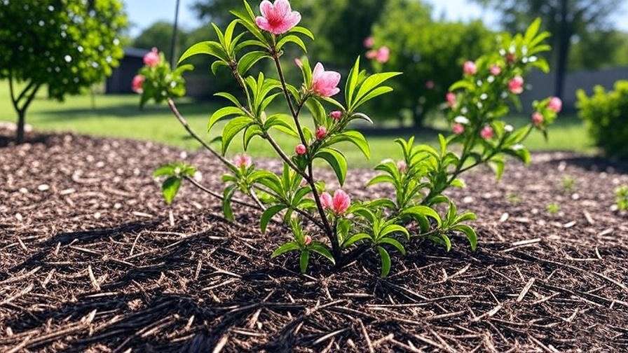  "Bonanza Peach Tree with mulch and healthy leaves in a sunny backyard." 