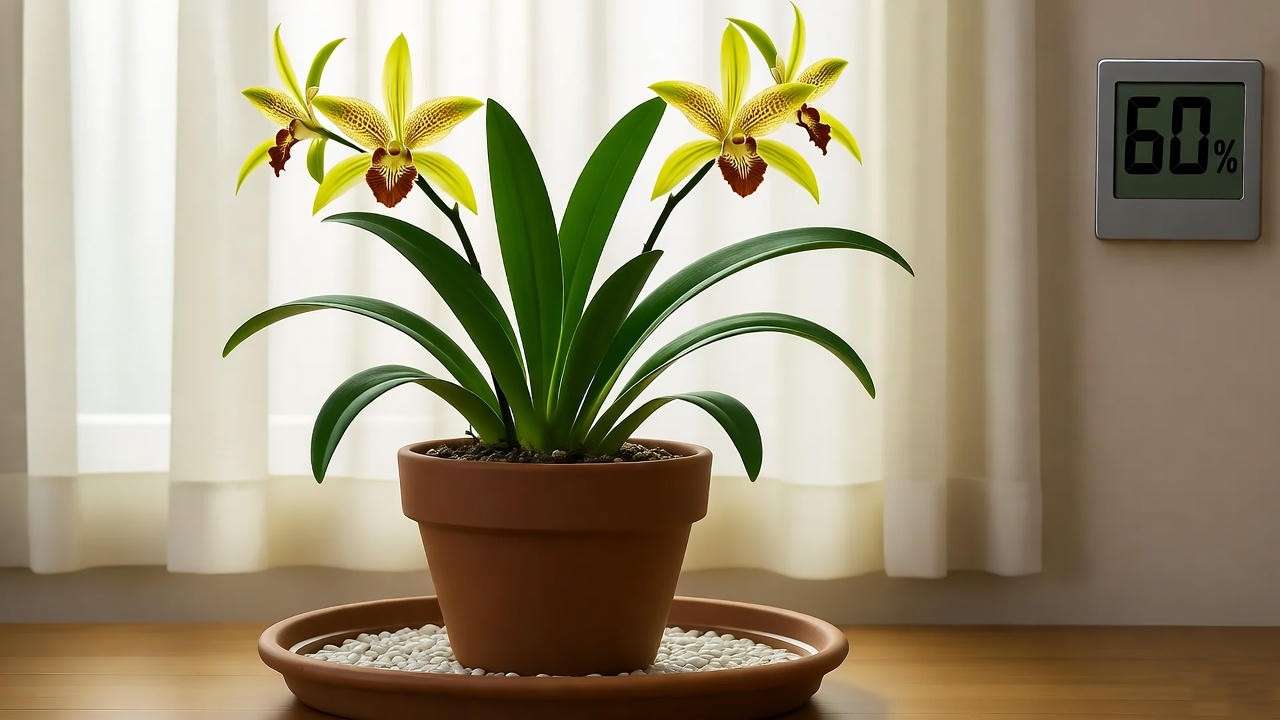 Indoor spider orchid setup with pebble tray and hygrometer under bright indirect light.