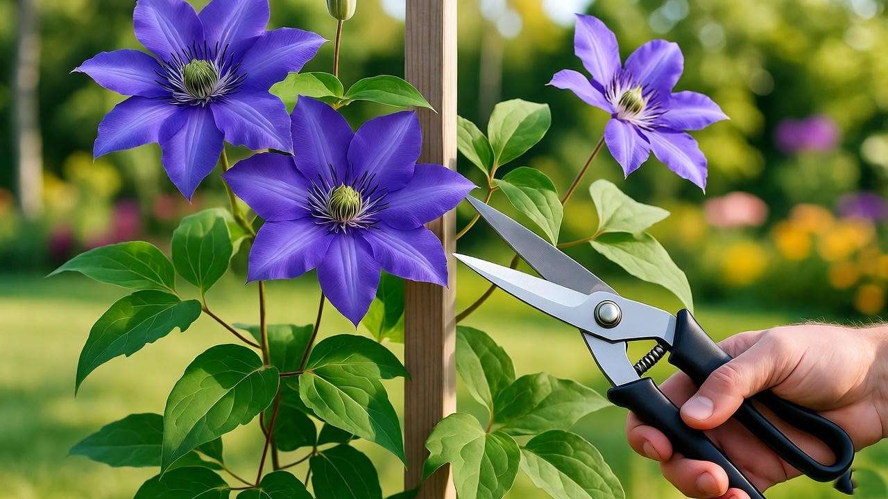 Pruning blue clematis plant with shears on a trellis in a garden". 