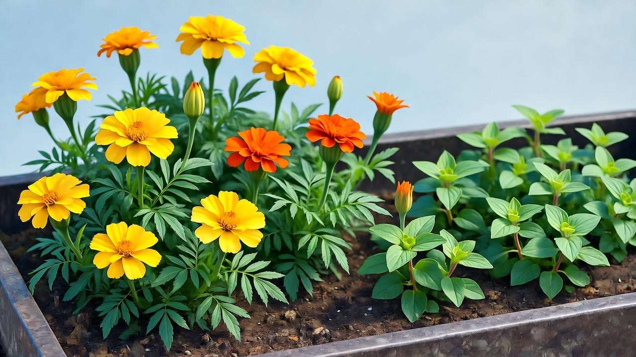 "Marigolds and oregano companion plants in a raised garden bed under sunlight.