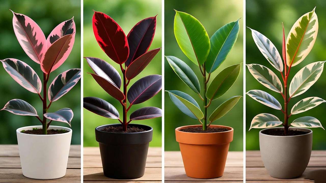 Side-by-side comparison of Marjan plant versus Burgundy, standard, and Tineke rubber plants showcasing leaf colors and indoor suitability. 