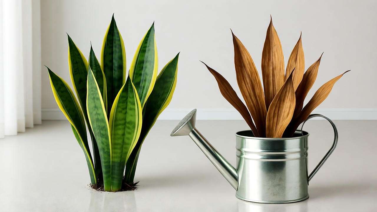 "Contrast between healthy snake plant and dehydrated brown plant with watering can." 