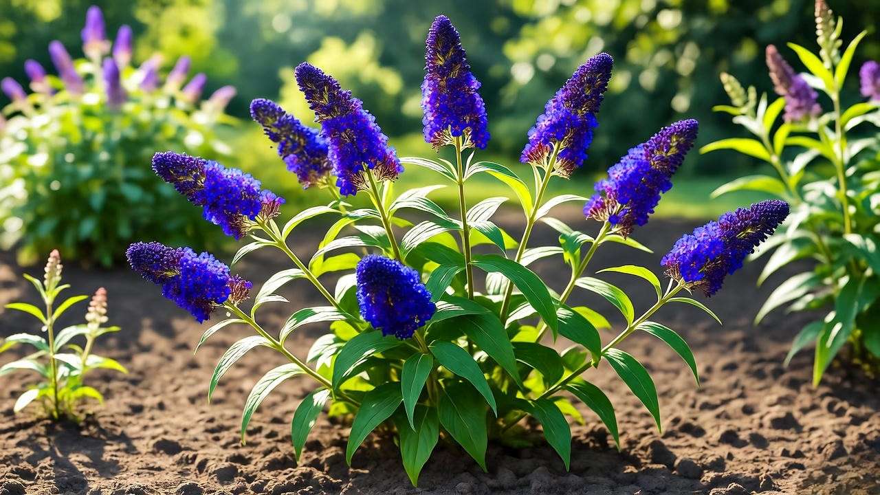 Sunny garden with a thriving blue butterfly bush plant in well-drained soil and vibrant blooms