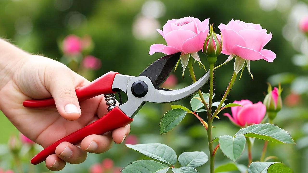 "Gardener pruning spray rose plants with bypass pruners in a sunny garden."