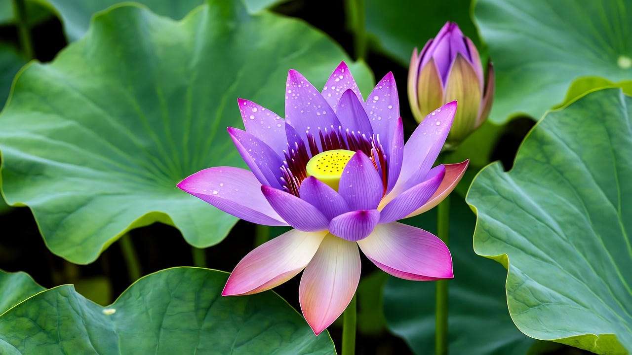 "Vibrant purple lotus bloom with water droplets in a thriving pond"
