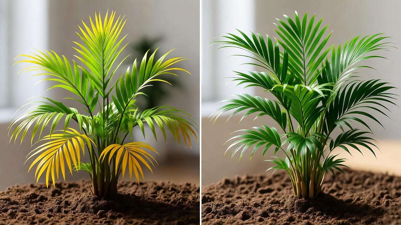 Side-by-side comparison of a miniature palm with yellowing leaves and a healthy green palm in indoor light. 