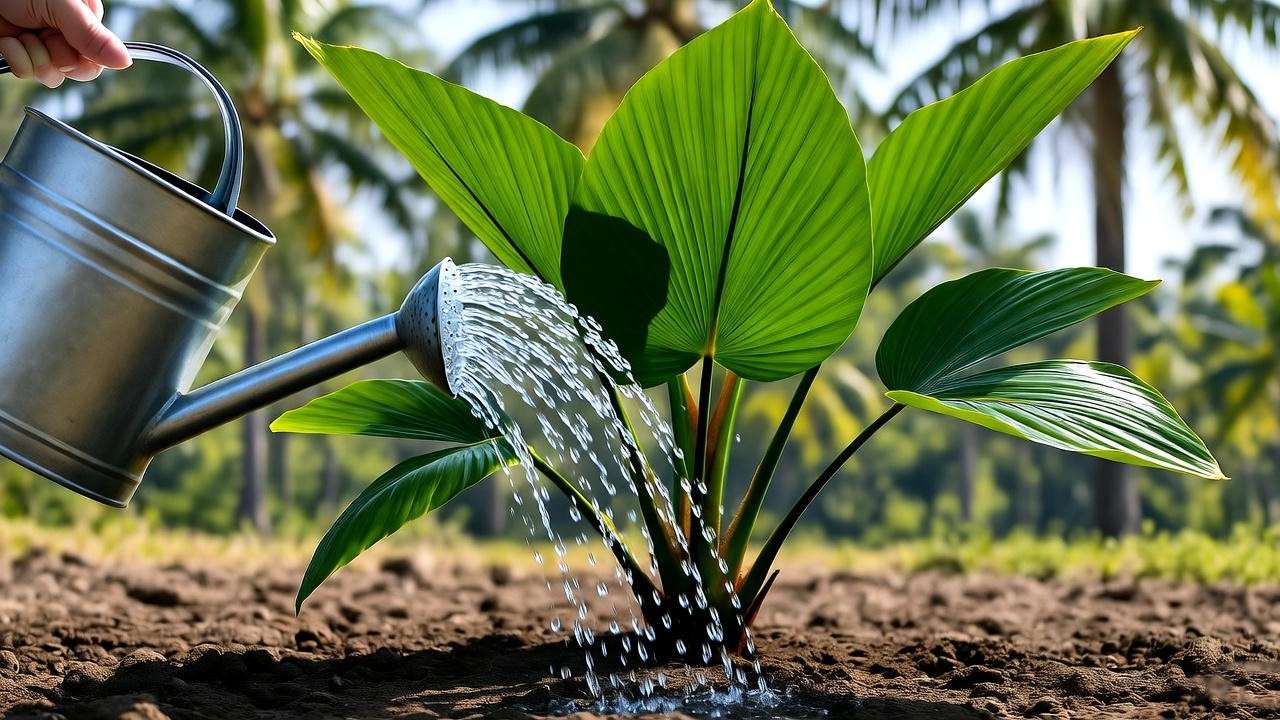  Travel palm plant being watered with a can in a tropical outdoor garden with moist soil. 