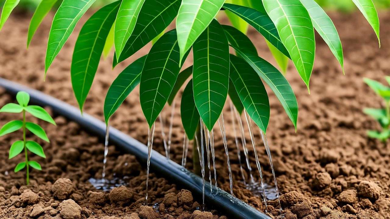 "Keitt mango plant being watered with drip irrigation in a tropical garden."