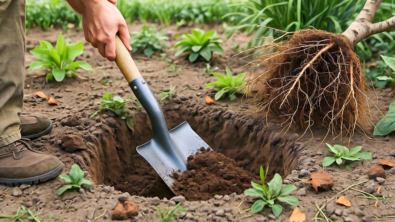  "Gardener digging a hole for bare root tree planting in well-drained soil". 