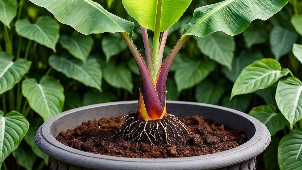 "Planting a Red Abyssinian Banana Tree in a large container with rich potting mix in a tropical garden." 