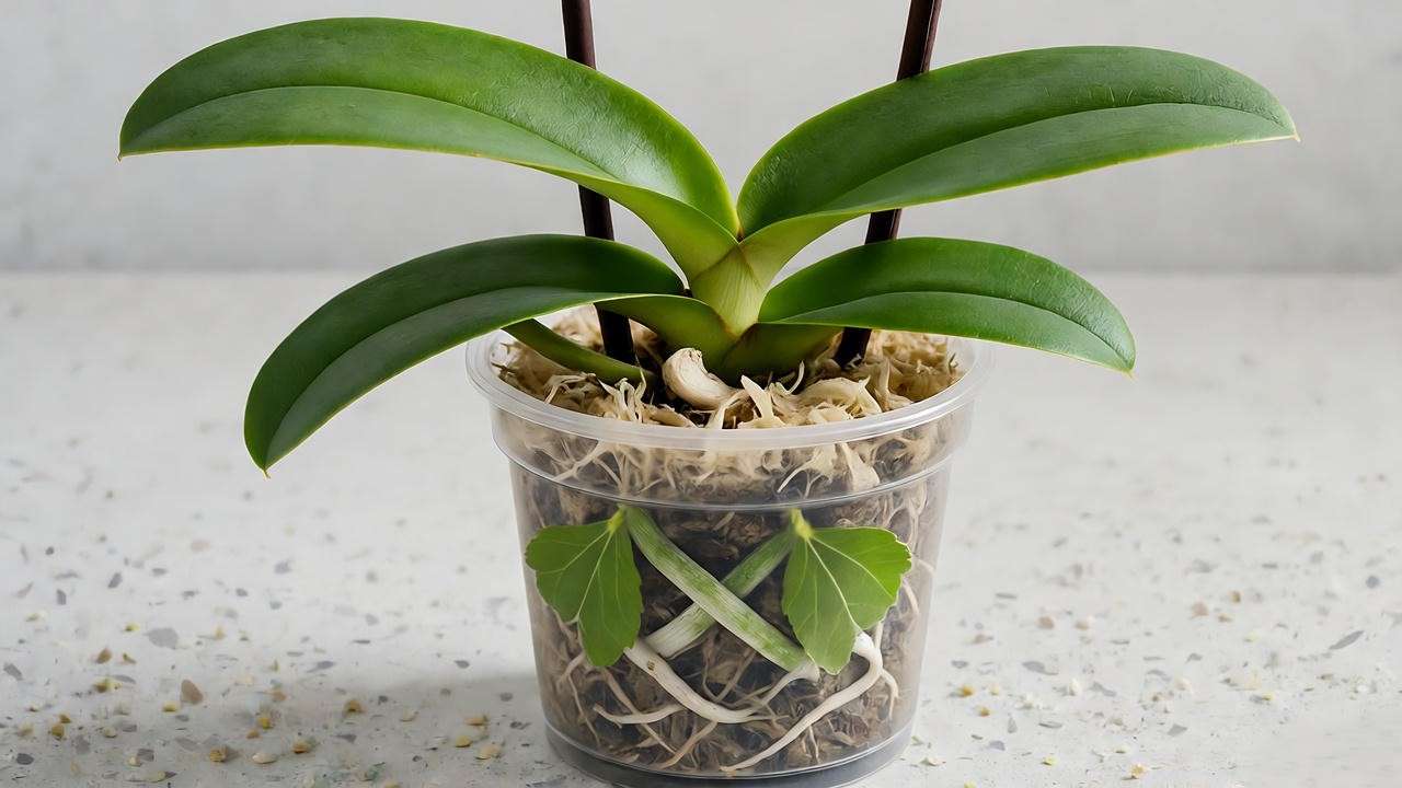  "Small orchid plant in a clear pot with orchid bark and moss mix". 