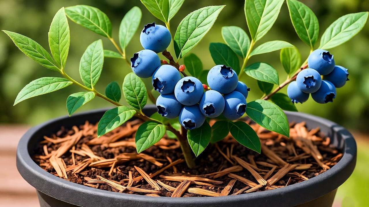  "Sunshine Blue blueberry plant in a container with mulch on a sunny patio."