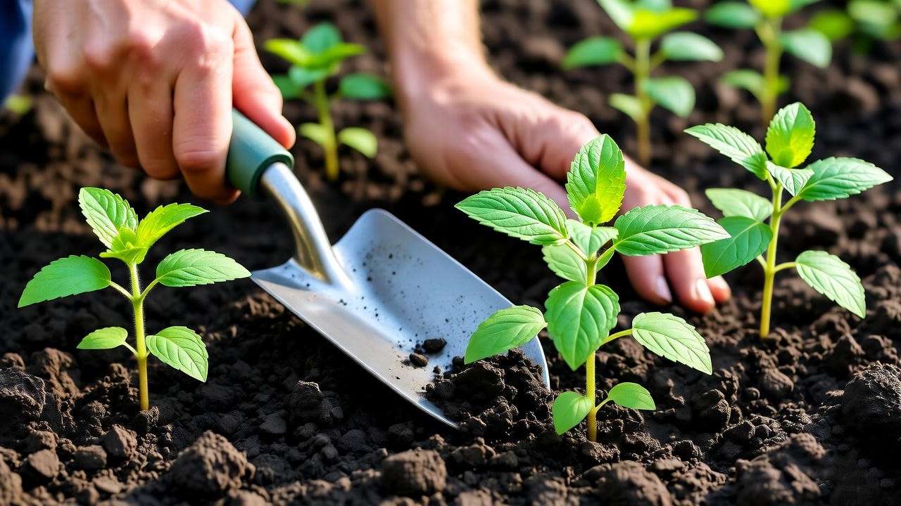 Gardener preparing loamy soil with lemon balm seedlings in a sunny garden"