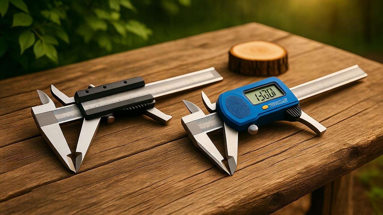 Side-by-side view of manual and digital tree calipers on a wooden table with a tree trunk sample. 