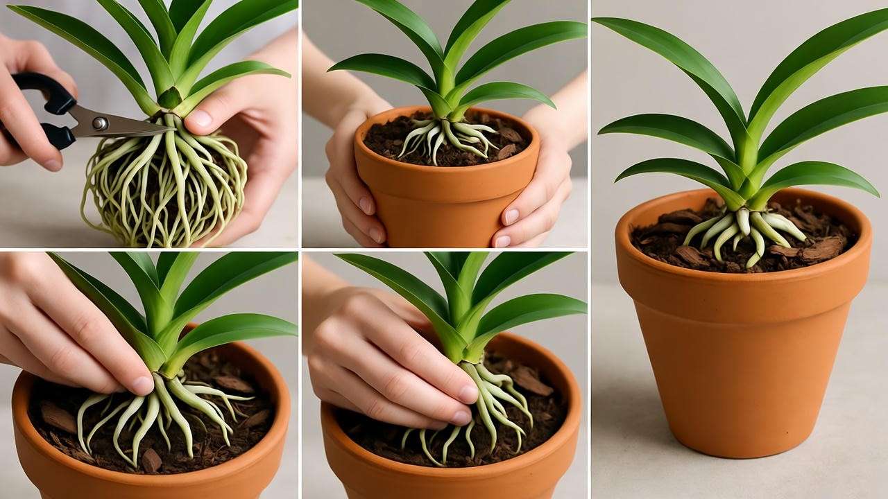 Step-by-step repotting of a spider orchid in a terracotta pot with bark medium. 