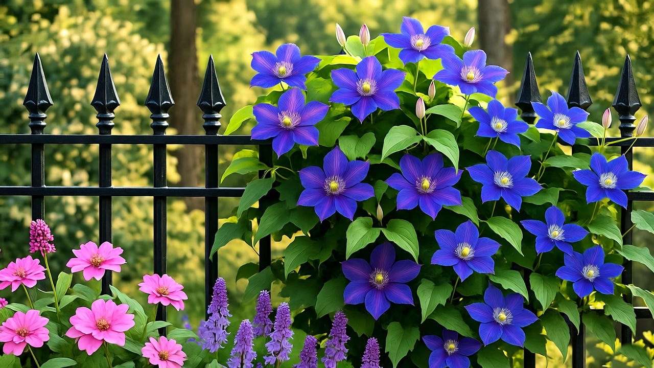 "Blue clematis with lavender and roses climbing a garden fence". 
