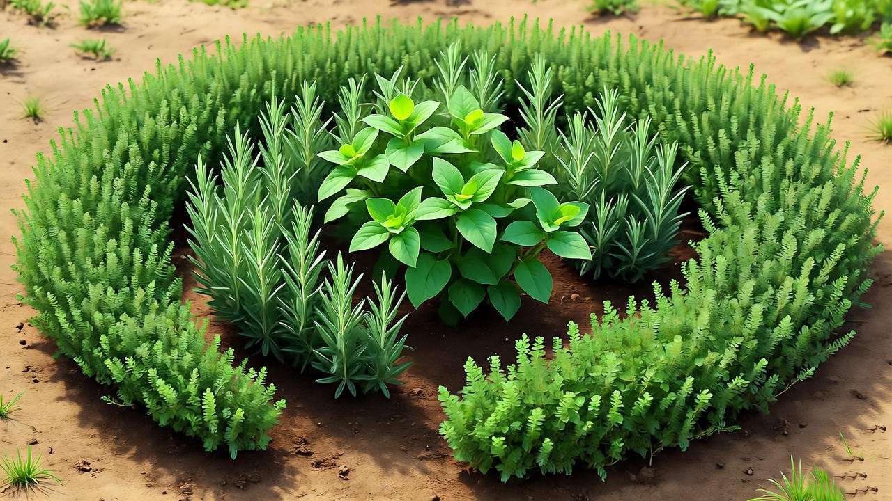  "Thyme, rosemary, and oregano in a Mediterranean herb garden spiral layout." 