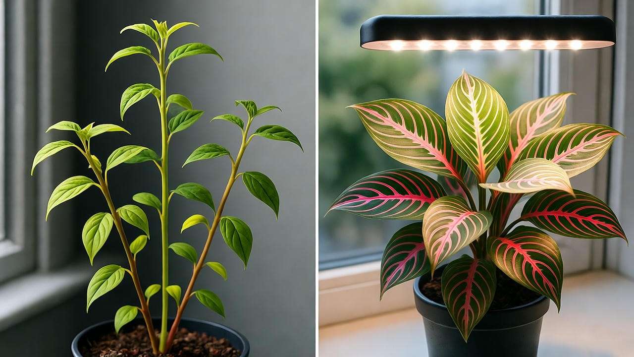 Before and after photos of Marjan plant leggy growth fixed with LED lighting for vibrant indoor results in 7 days. 
