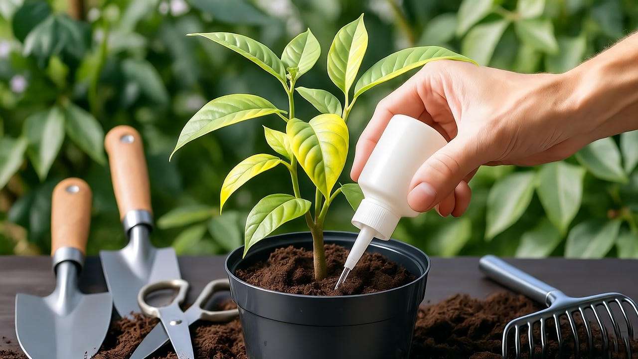 "Hand applying fertilizer to potted plant with yellowing leaves and gardening tools."