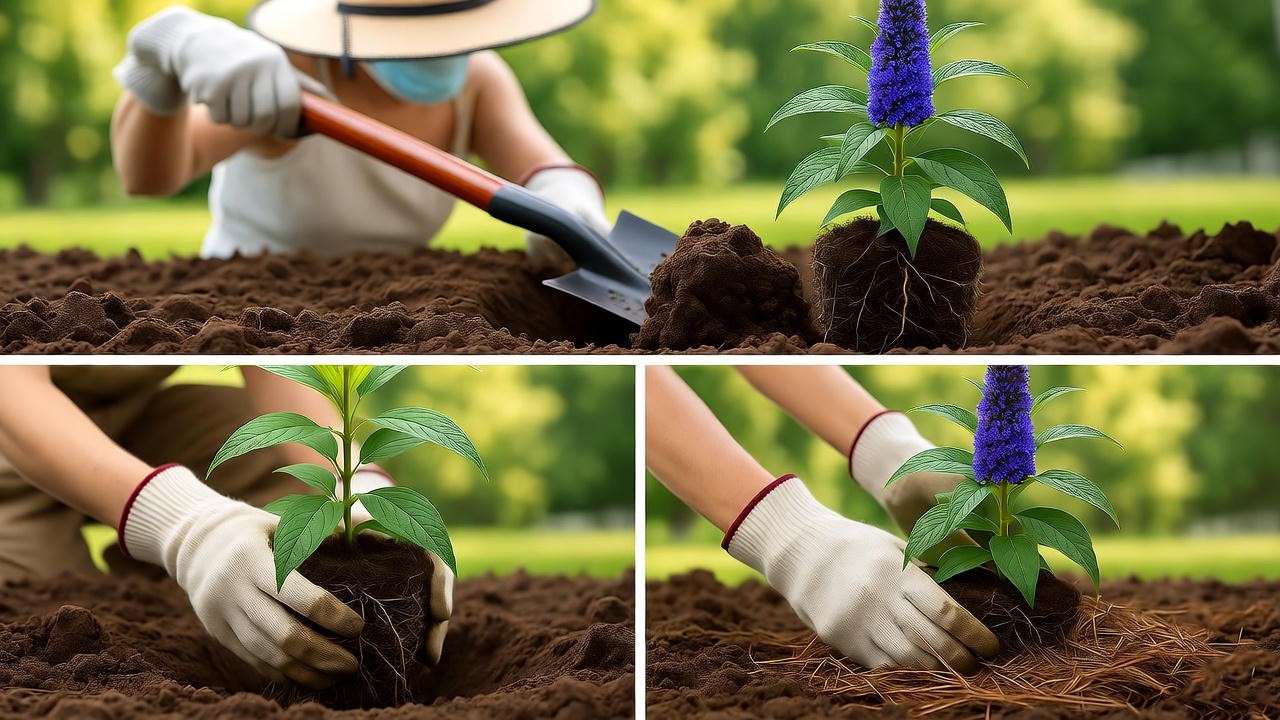 Step-by-step planting of a blue butterfly bush with a gardener and garden backdrop.