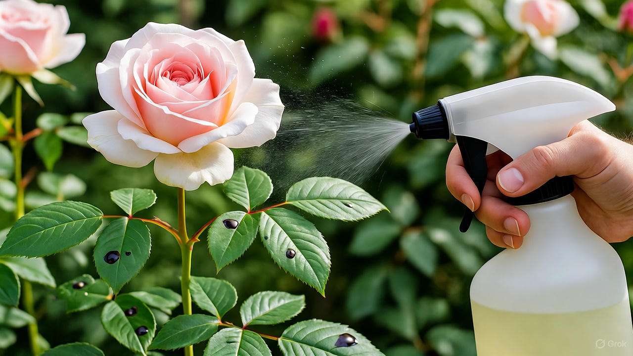 "Spray roses with black spot disease being treated with organic neem oil spray."
