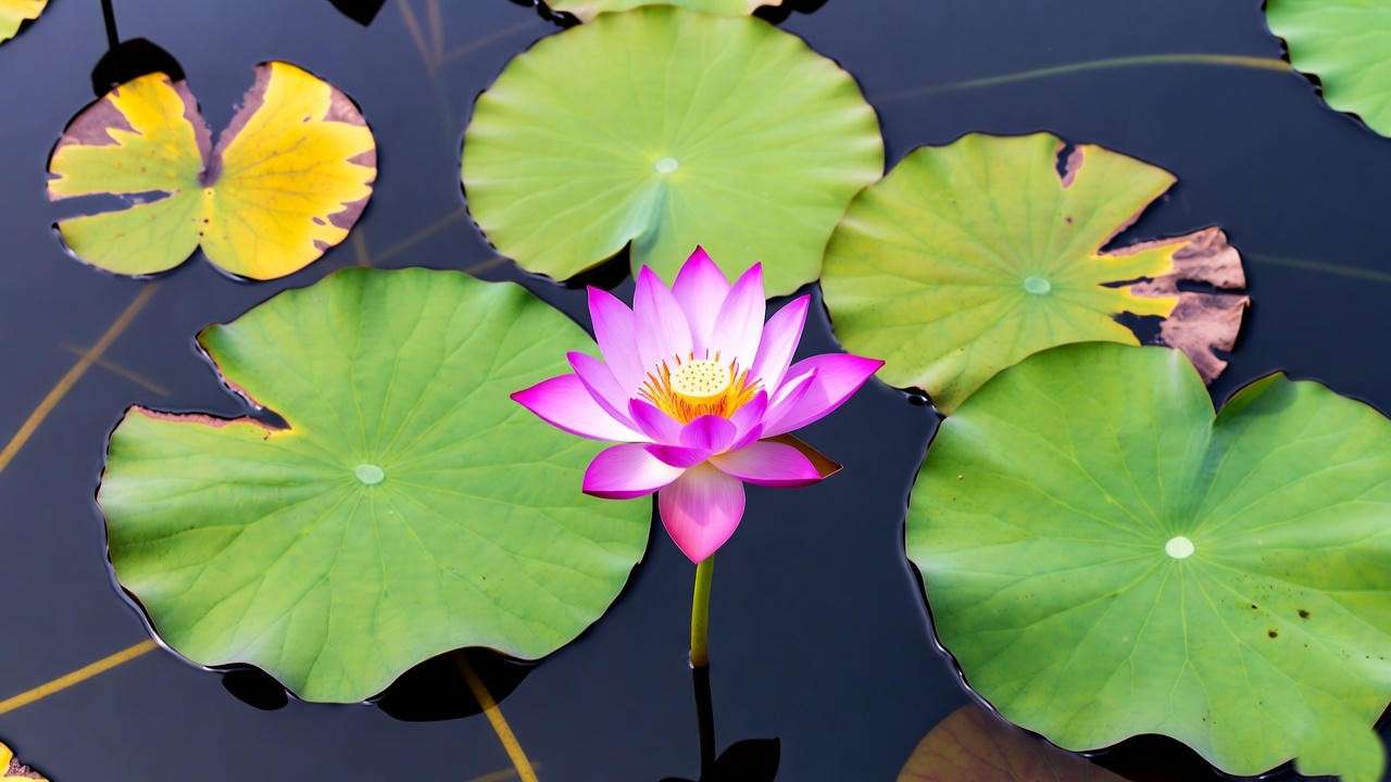 "Purple lotus with yellowing leaves next to a healthy bloom in a pond"
