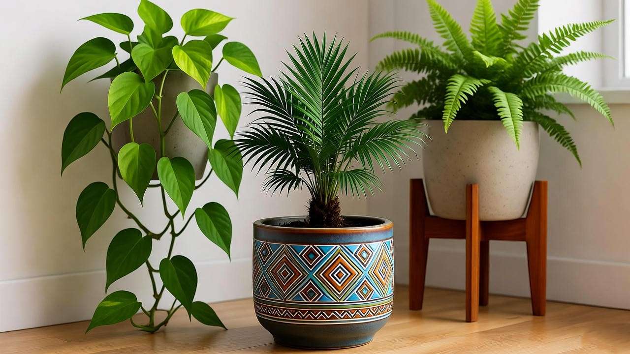 Stylish indoor corner with a miniature palm plant and pothos in a decorative pot on a wooden stand.