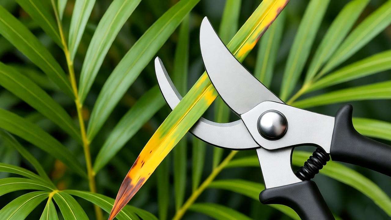  Pruning shears cutting a yellowed leaf from a healthy travel palm plant indoors. 