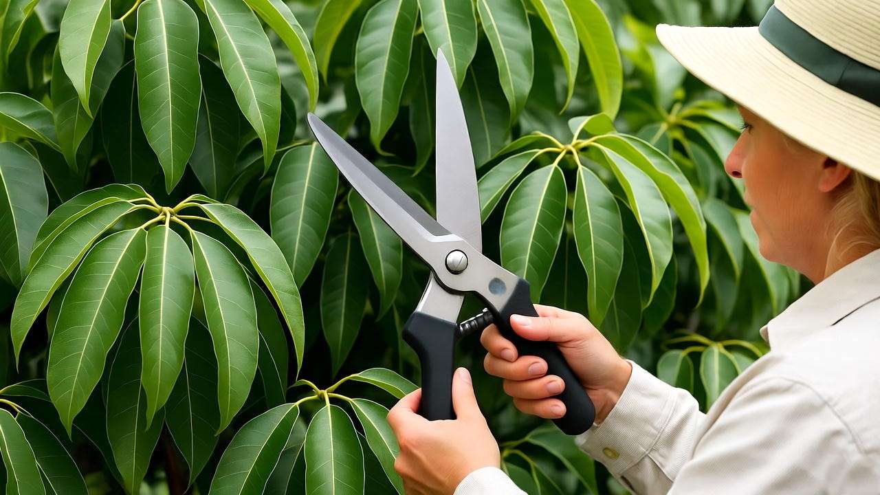  "Gardener pruning a Keitt mango tree with shears in a tropical garden." 