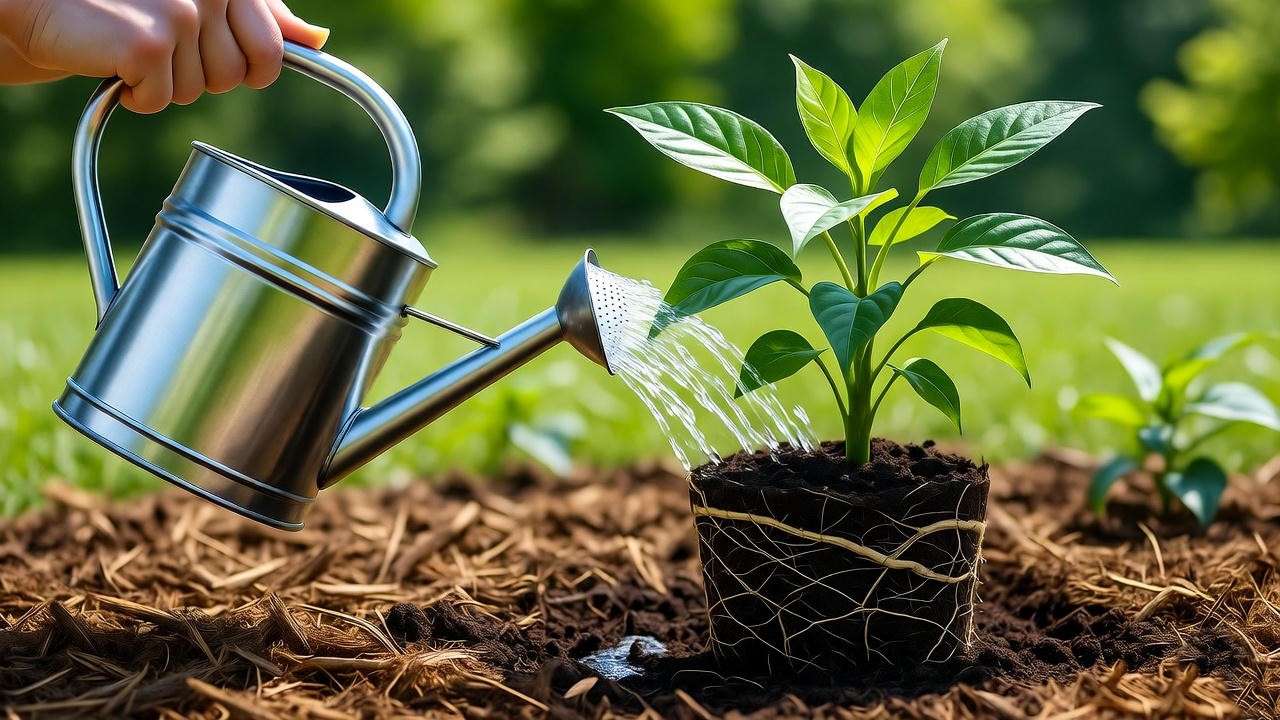 "Gardener watering a bare root plant with mulch in a natural garden". 