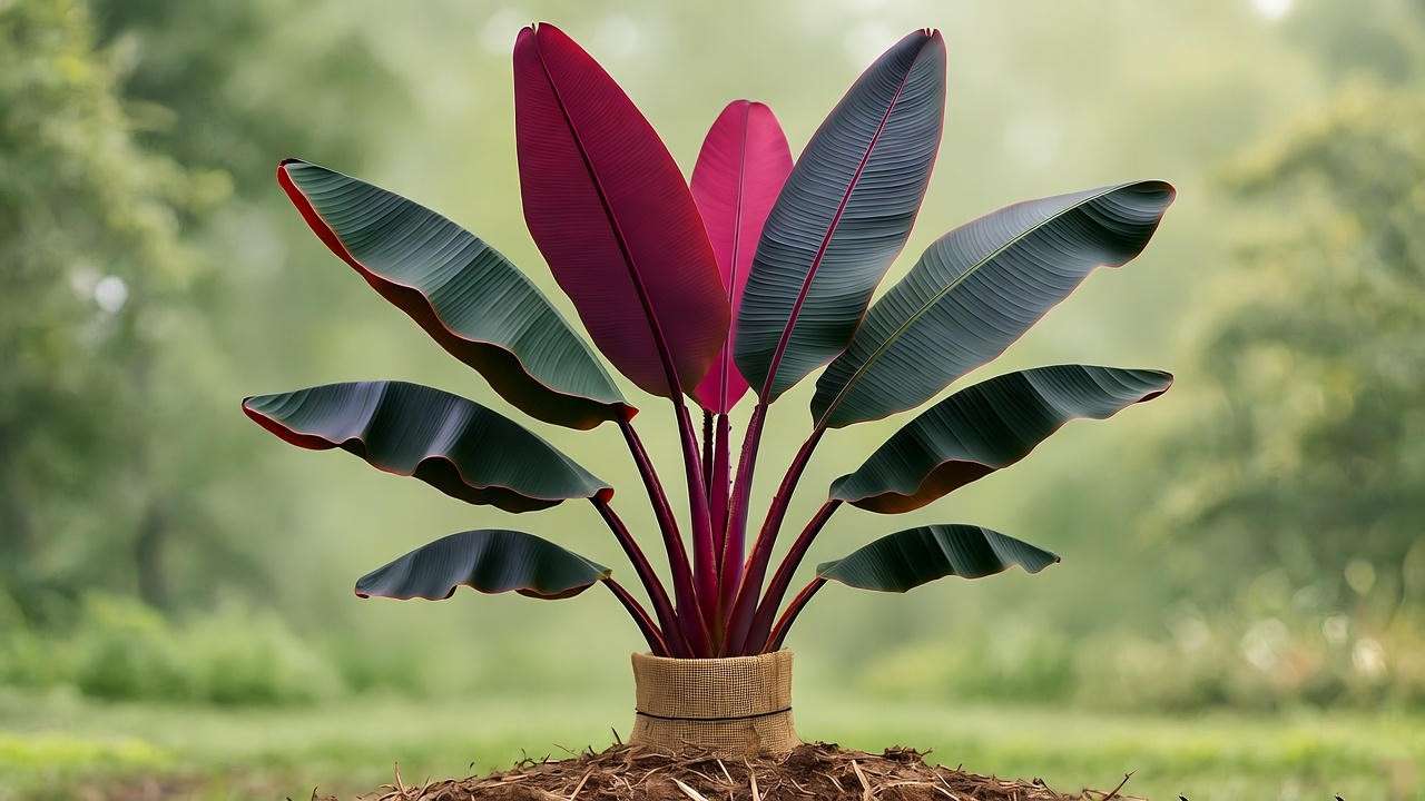 "Red Abyssinian Banana Tree with pruned leaves and burlap wrapping for overwintering in a tropical garden."