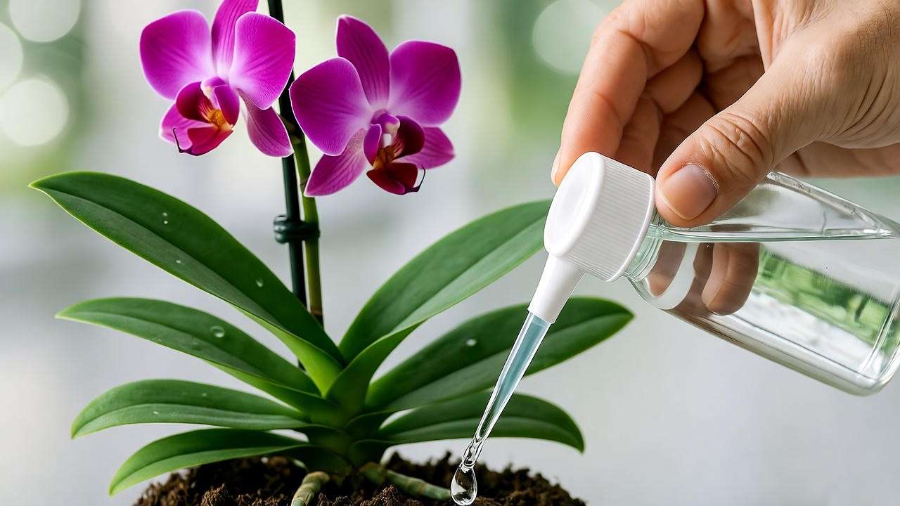 Applying fertilizer to a small orchid plant for vibrant blooms
