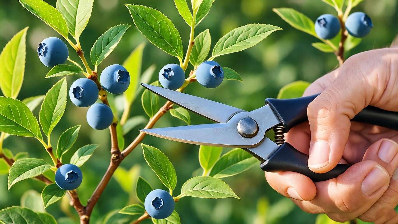  "Gardener pruning Sunshine Blue blueberry plant with shears for healthy growth." 
