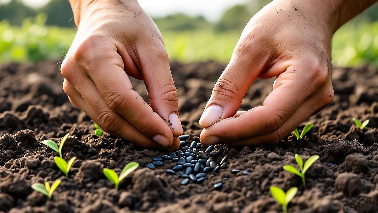  "Hands sowing lemon balm seeds with emerging sprouts in a garden". 