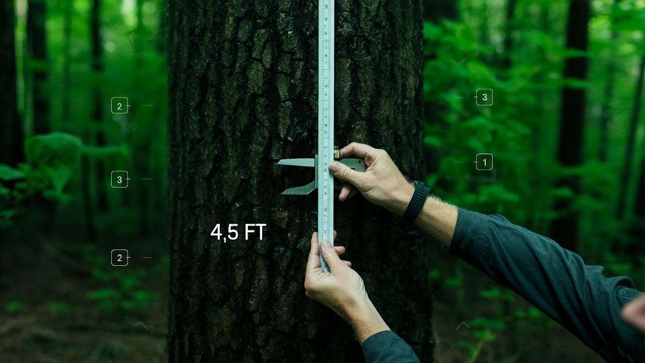 Step-by-step image of a person measuring a tree trunk with a tree caliper at 4.5 feet in a forest. 