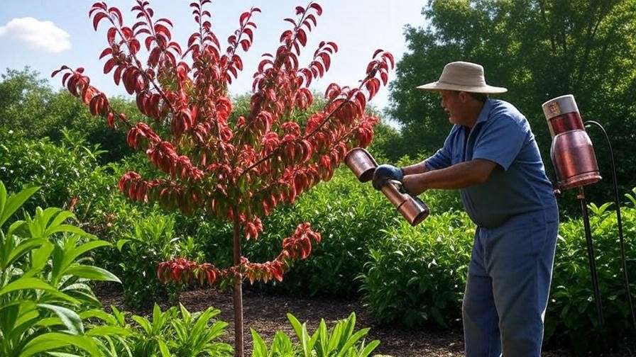 "Gardener treating Bonanza Peach Tree with peach leaf curl disease using fungicide." 