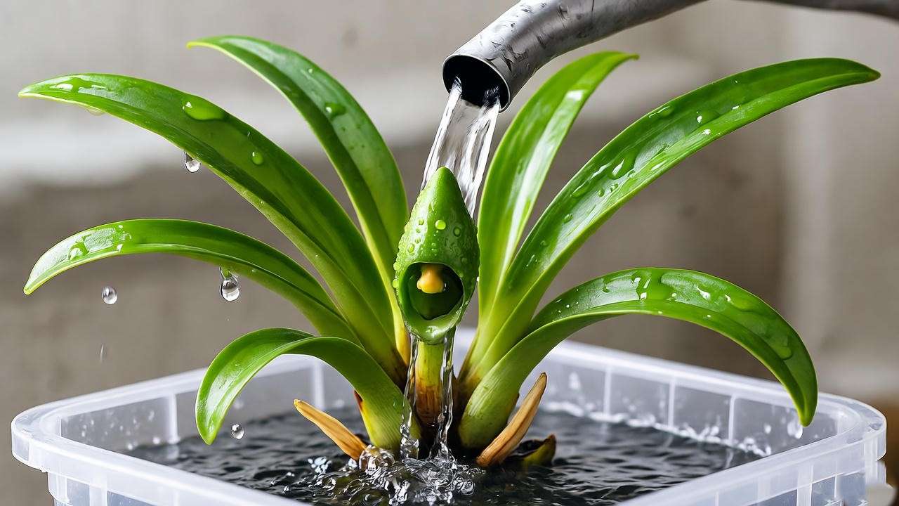 Spider orchid being watered with a long-spout can using drench and drain method. 