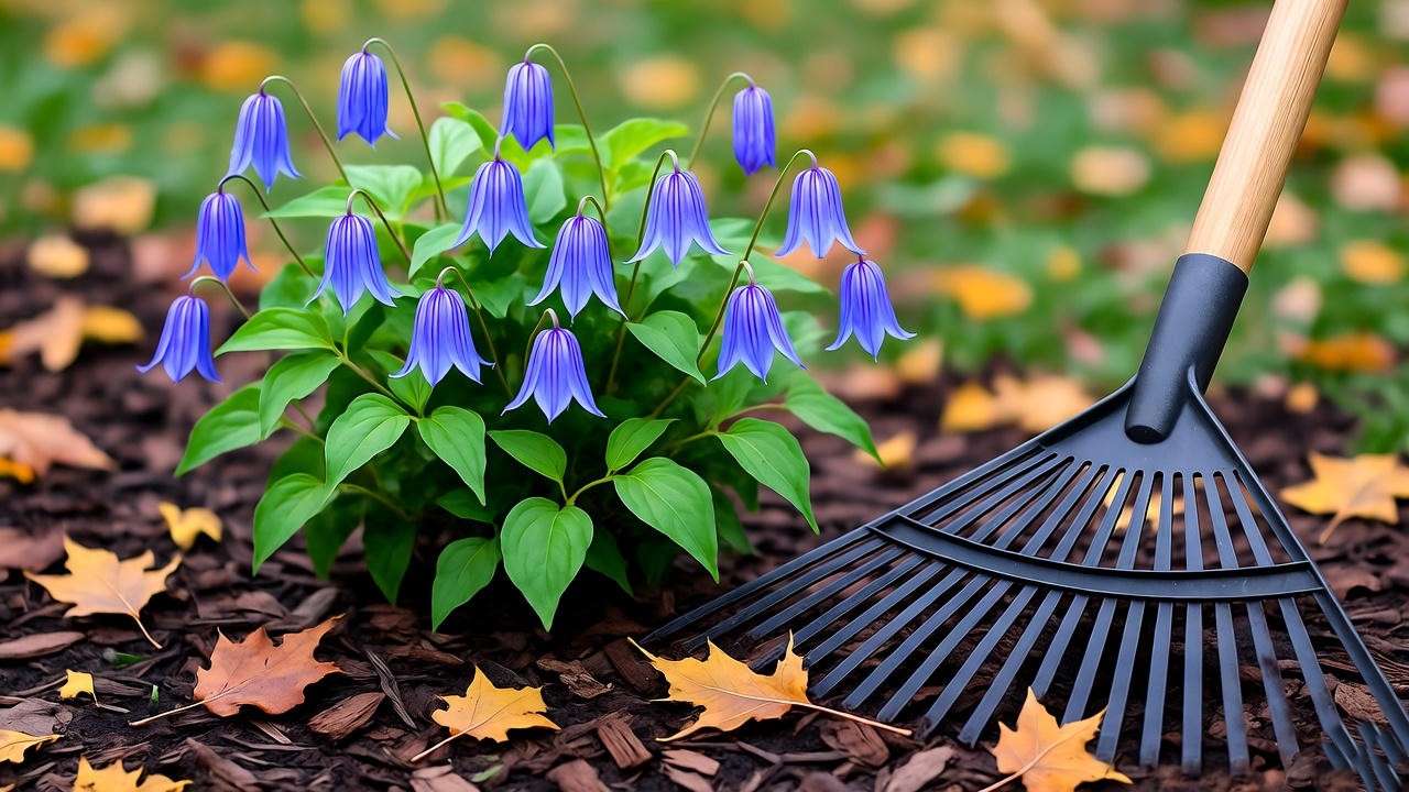 "Blue clematis plant mulched with bark in a fall garden".