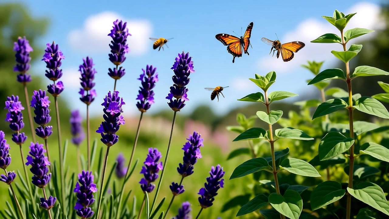  "Lavender and oregano companion plants with bees and butterflies in a sunny garden