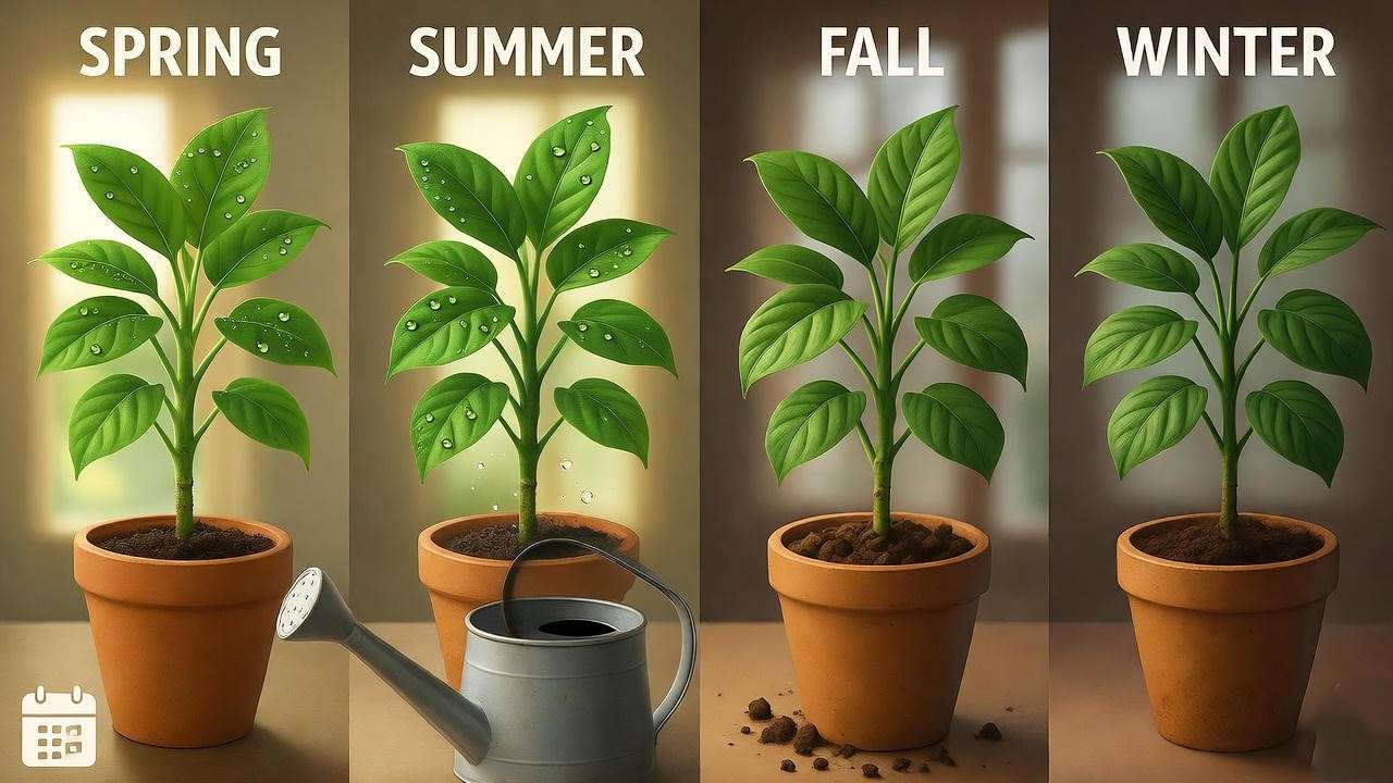 Visual seasonal watering schedule for Marjan plant care emphasizing wet-dry cycles for healthy indoor rubber plant growth. 