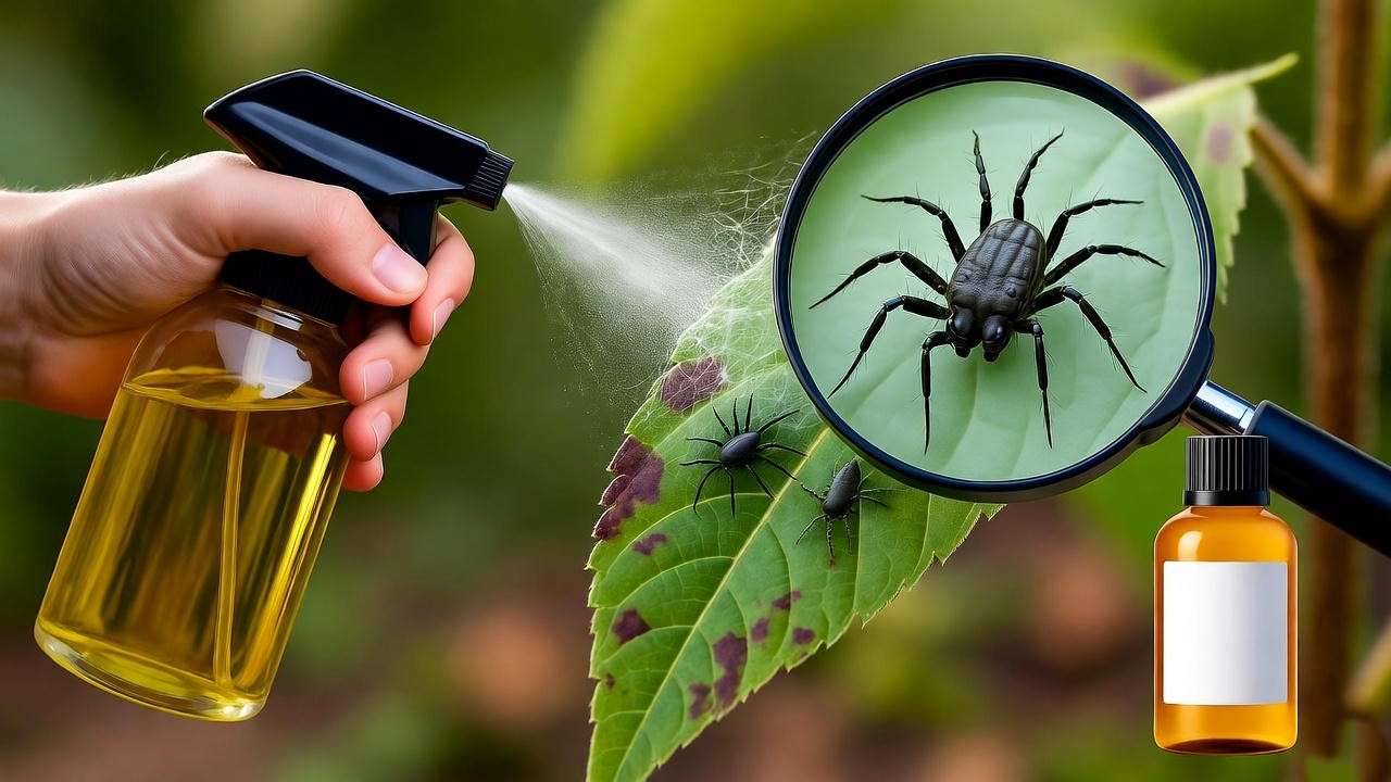 "Hand spraying neem oil on plant with spider mites and brown leaves." 