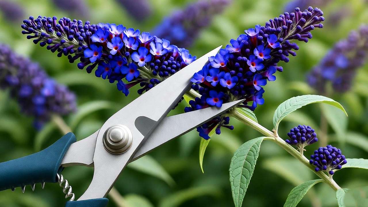 Detailed pruning of a blue butterfly bush with shears and vibrant blooms in a garden.